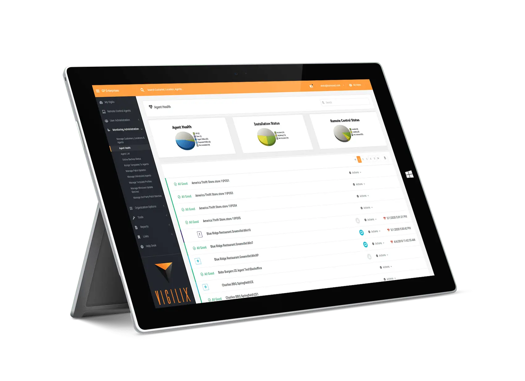 VIGILIX monitoring dashboard on tablet